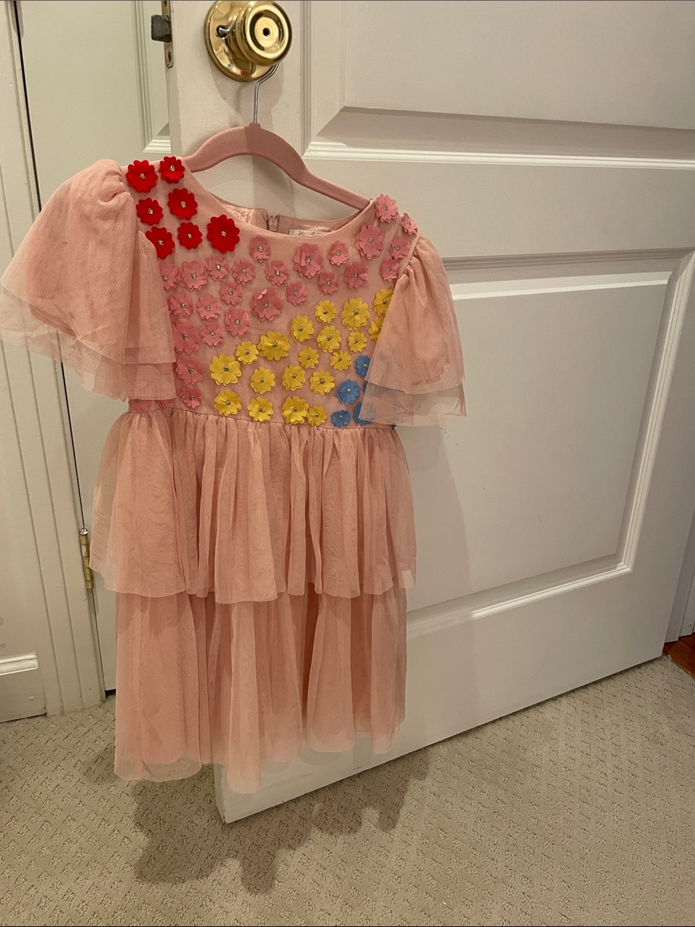 Miniboden Pink Tulle Tiered Dress with Floral Appliqués, size 5-6